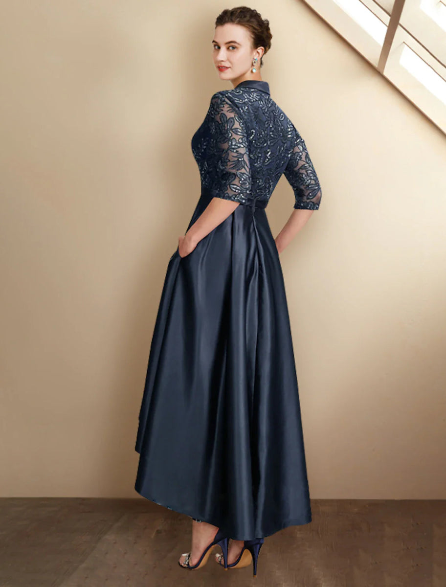 NumberSea - A - Line Mother of the Bride Dress Plus Size Elegant High Low Shirt Collar Asymmetrical Tea Length Satin Lace Half Sleeve with Pleats Sequin Appliques