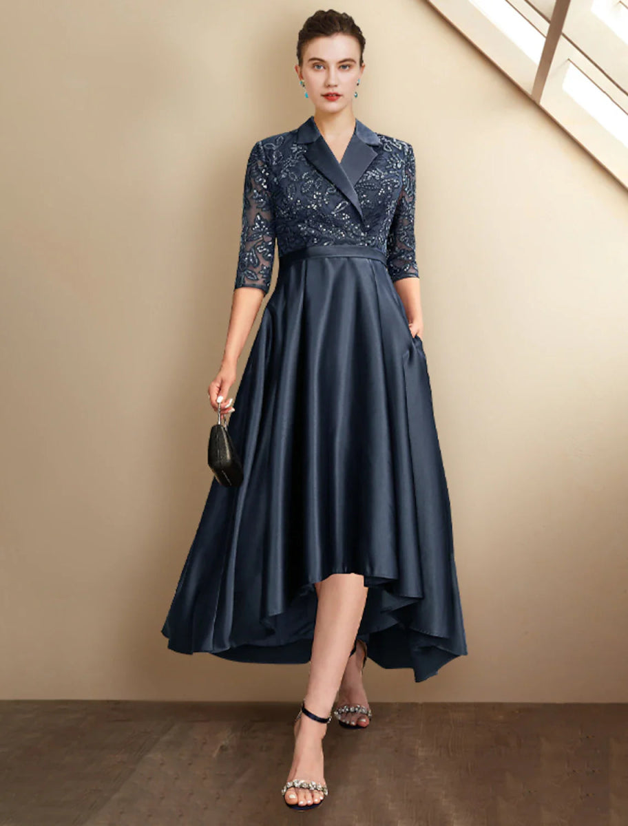 NumberSea - A - Line Mother of the Bride Dress Plus Size Elegant High Low Shirt Collar Asymmetrical Tea Length Satin Lace Half Sleeve with Pleats Sequin Appliques