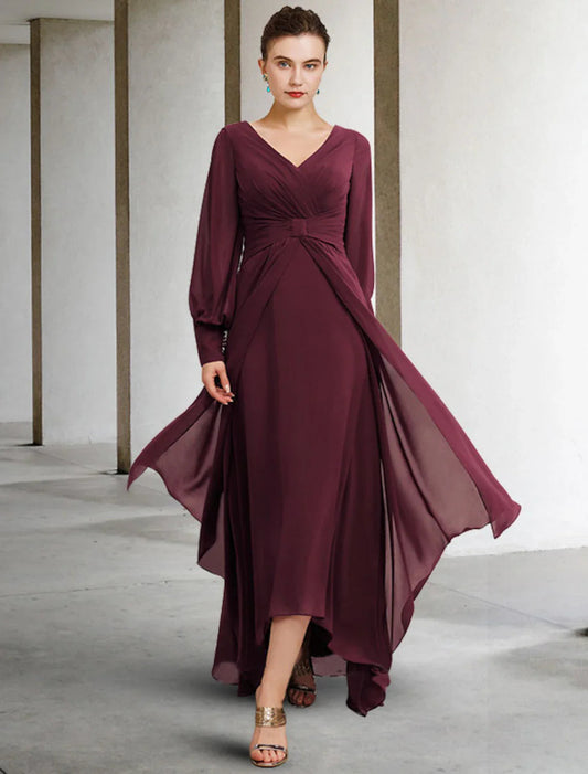 NumberSea - A - Line Mother of the Bride Dress Plus Size Elegant High Low V Neck Asymmetrical Floor Length Chiffon Long Sleeve with Pleats Ruched