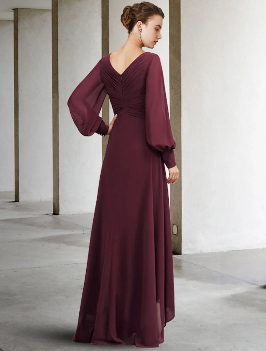 NumberSea - A - Line Mother of the Bride Dress Plus Size Elegant High Low V Neck Asymmetrical Floor Length Chiffon Long Sleeve with Pleats Ruched