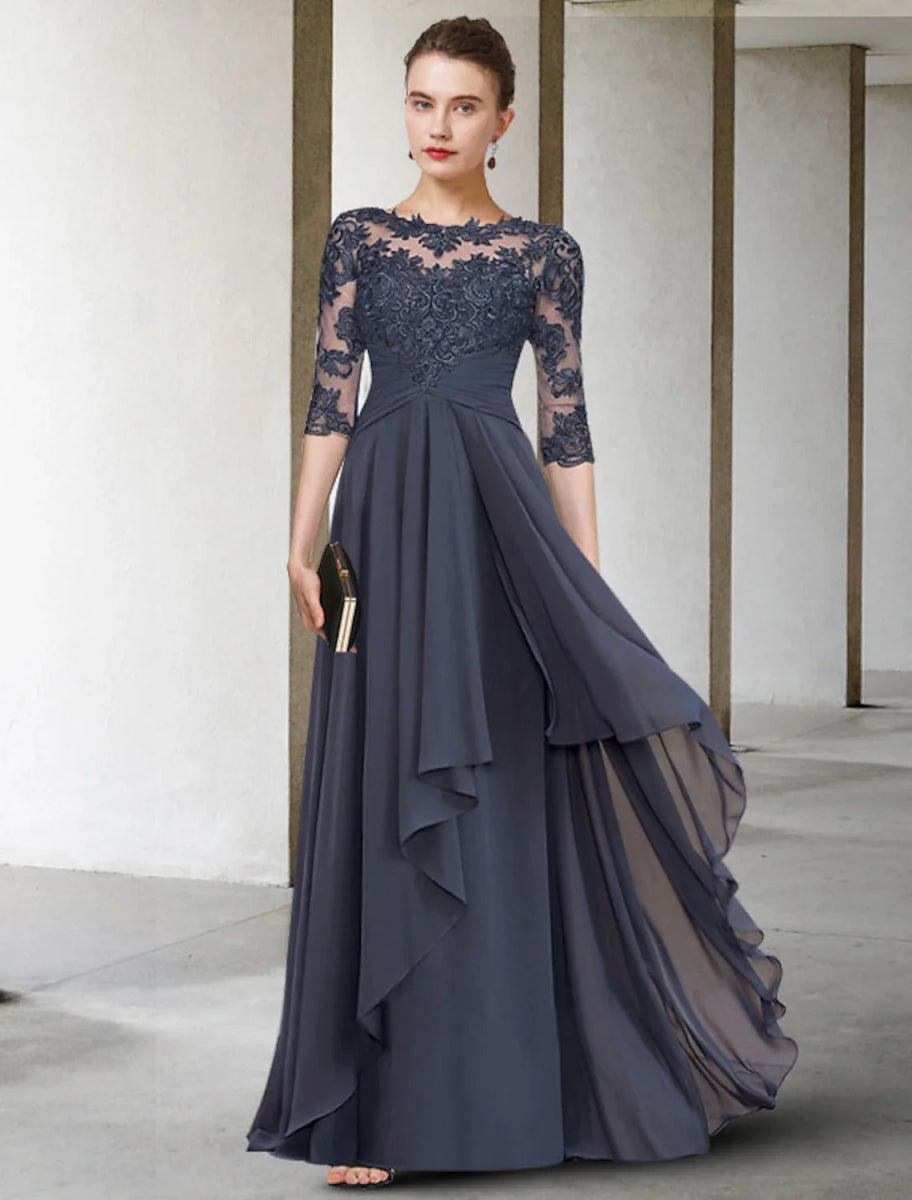 NumberSea - A - Line Mother of the Bride Dress Plus Size Elegant Jewel Neck Floor Length Chiffon Lace 3/4 Length Sleeve with Pleats Ruched Appliques