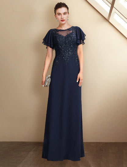 NumberSea - A - Line Mother of the Bride Dress Plus Size Elegant Jewel Neck Floor Length Chiffon Lace Short Sleeve with Sequin Appliques