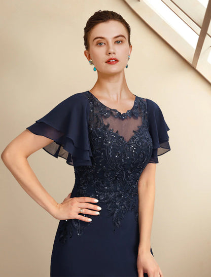 NumberSea - A - Line Mother of the Bride Dress Plus Size Elegant Jewel Neck Floor Length Chiffon Lace Short Sleeve with Sequin Appliques