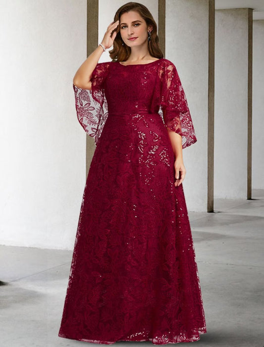 NumberSea - A - Line Mother of the Bride Dress Plus Size Elegant Jewel Neck Floor Length Lace Half Sleeve No with Sequin Appliques