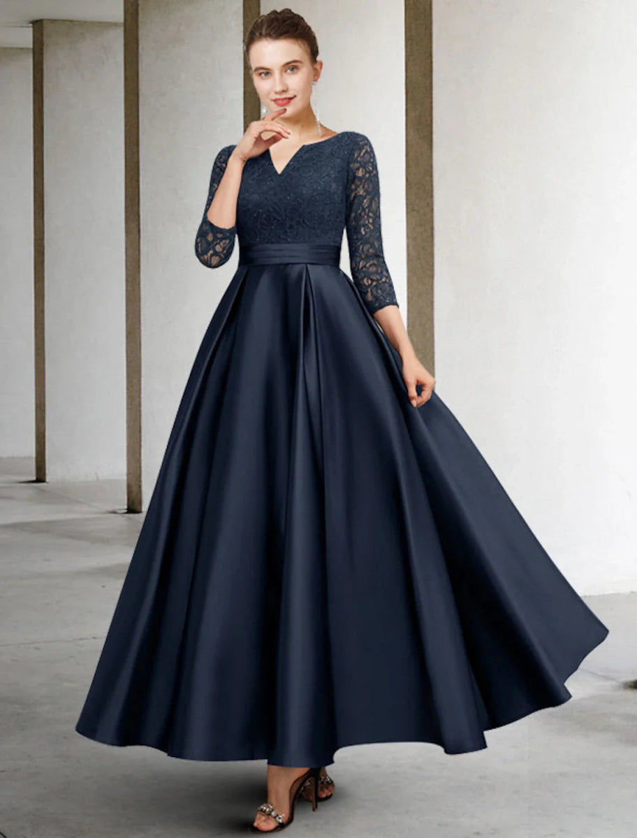 NumberSea - A - Line Mother of the Bride Dress Plus Size Elegant V Neck Ankle Length Satin Lace 3/4 Length Sleeve No with Pleats Ruched