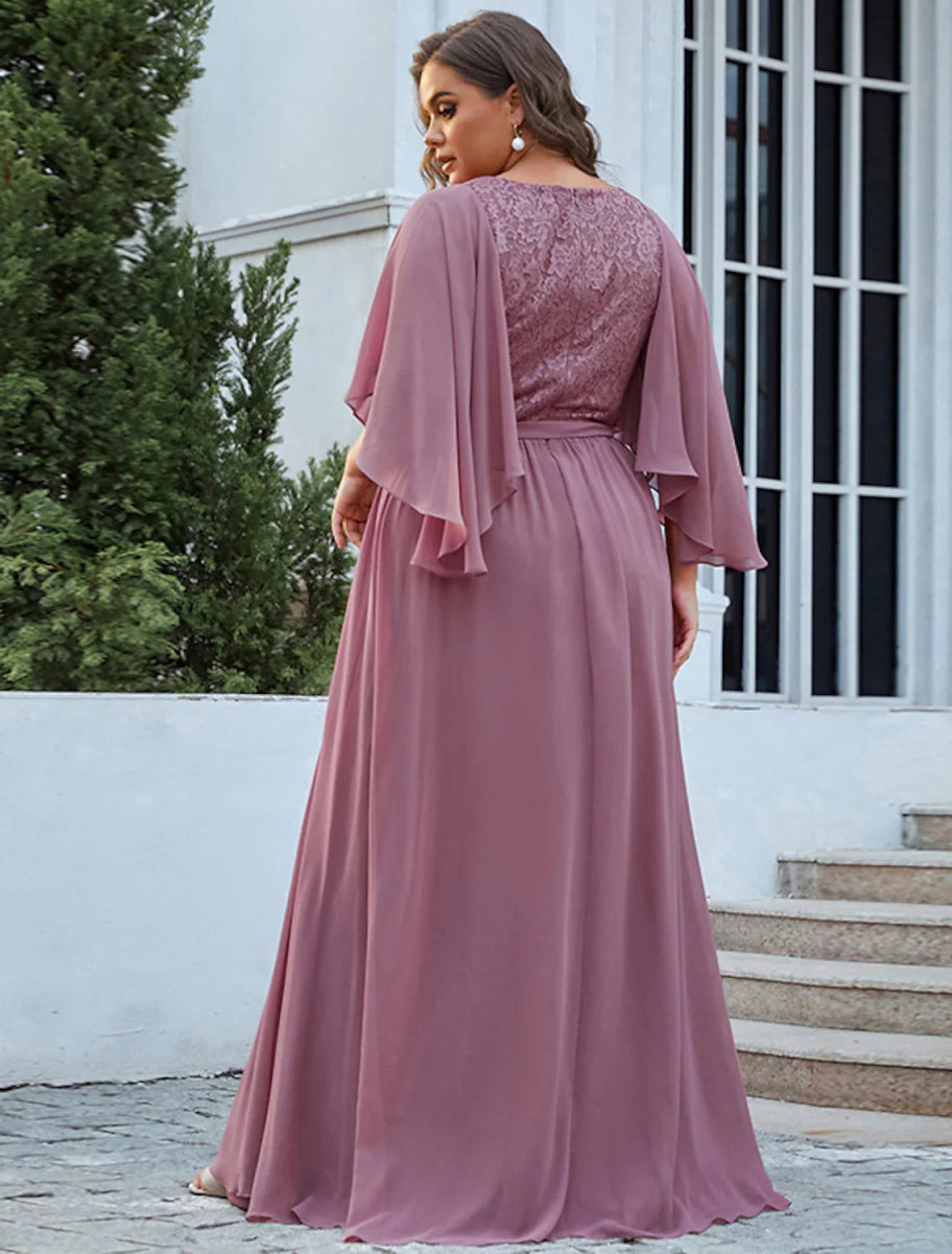 NumberSea - A - Line Mother of the Bride Dress Plus Size Elegant V Neck Floor Length Chiffon Tulle Half Sleeve with Sash / Ribbon