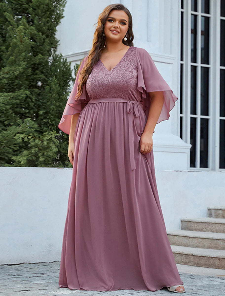 NumberSea - A - Line Mother of the Bride Dress Plus Size Elegant V Neck Floor Length Chiffon Tulle Half Sleeve with Sash / Ribbon