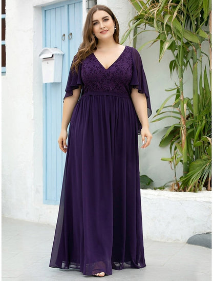 NumberSea - A - Line Mother of the Bride Dress Plus Size Elegant V Neck Floor Length Chiffon Tulle Half Sleeve with Sash / Ribbon