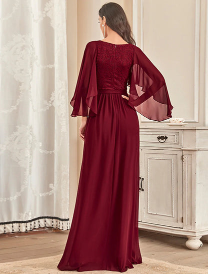 NumberSea - A - Line Mother of the Bride Dress Plus Size Elegant V Neck Floor Length Chiffon Tulle Half Sleeve with Sash / Ribbon