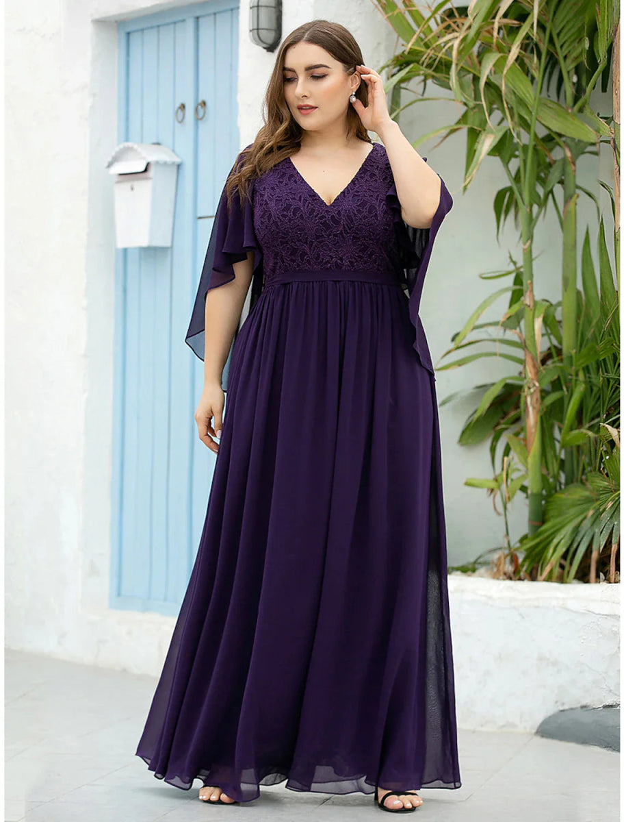 NumberSea - A - Line Mother of the Bride Dress Plus Size Elegant V Neck Floor Length Chiffon Tulle Half Sleeve with Sash / Ribbon