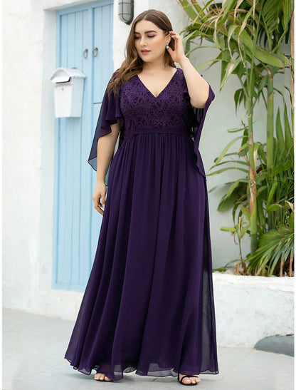 NumberSea - A - Line Mother of the Bride Dress Plus Size Elegant V Neck Floor Length Chiffon Tulle Half Sleeve with Sash / Ribbon