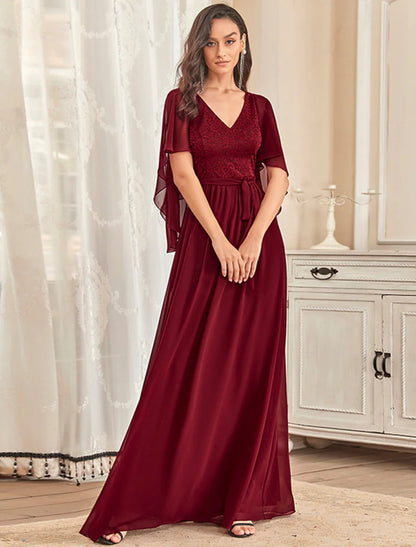 NumberSea - A - Line Mother of the Bride Dress Plus Size Elegant V Neck Floor Length Chiffon Tulle Half Sleeve with Sash / Ribbon