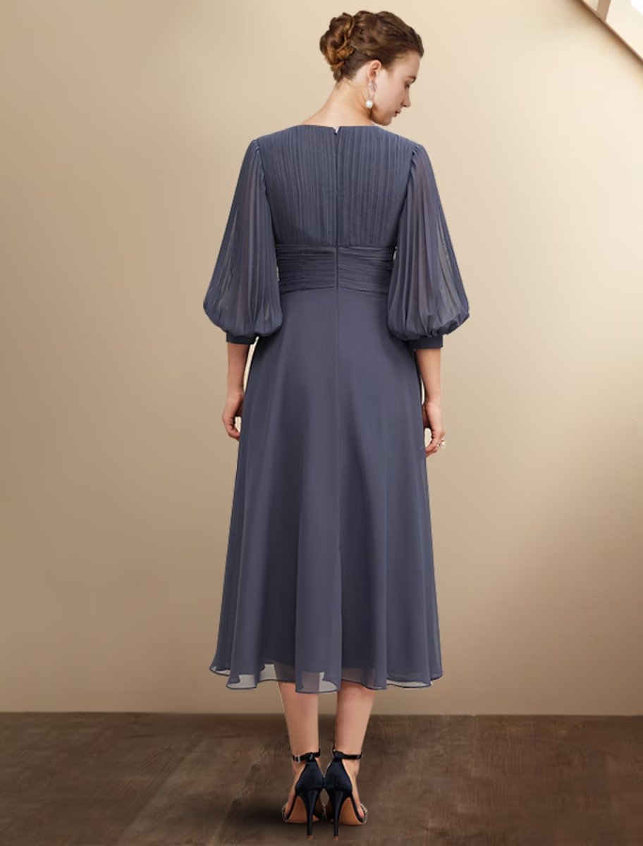 NumberSea - A - Line Mother of the Bride Dress Plus Size Elegant V Neck Tea Length Chiffon 3/4 Length Sleeve with Pleats Ruched