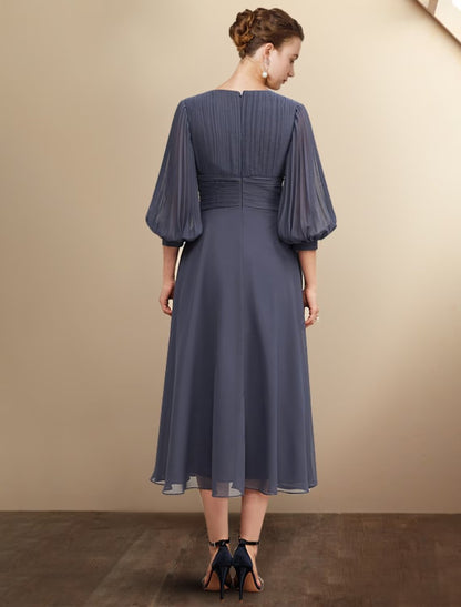 NumberSea - A - Line Mother of the Bride Dress Plus Size Elegant V Neck Tea Length Chiffon 3/4 Length Sleeve with Pleats Ruched