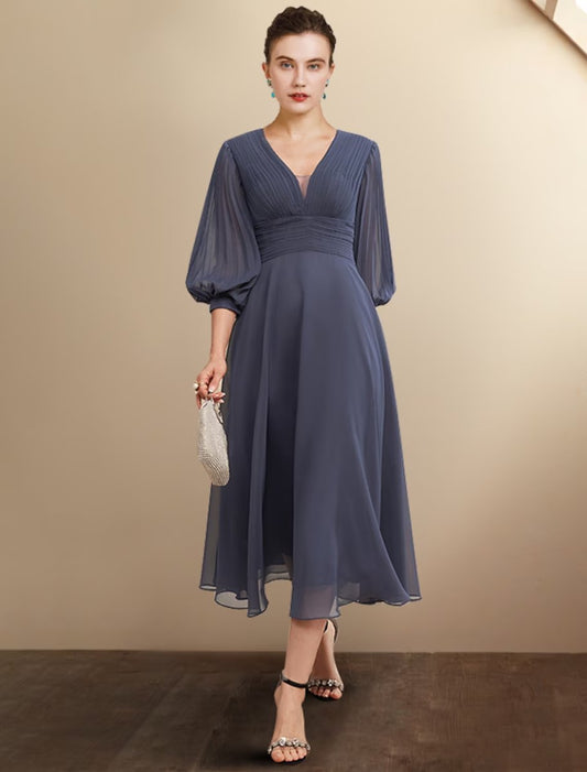 NumberSea - A - Line Mother of the Bride Dress Plus Size Elegant V Neck Tea Length Chiffon 3/4 Length Sleeve with Pleats Ruched