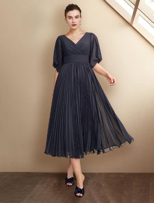 NumberSea - A - Line Mother of the Bride Dress Plus Size Elegant V Neck Tea Length Chiffon Half Sleeve with Pleats