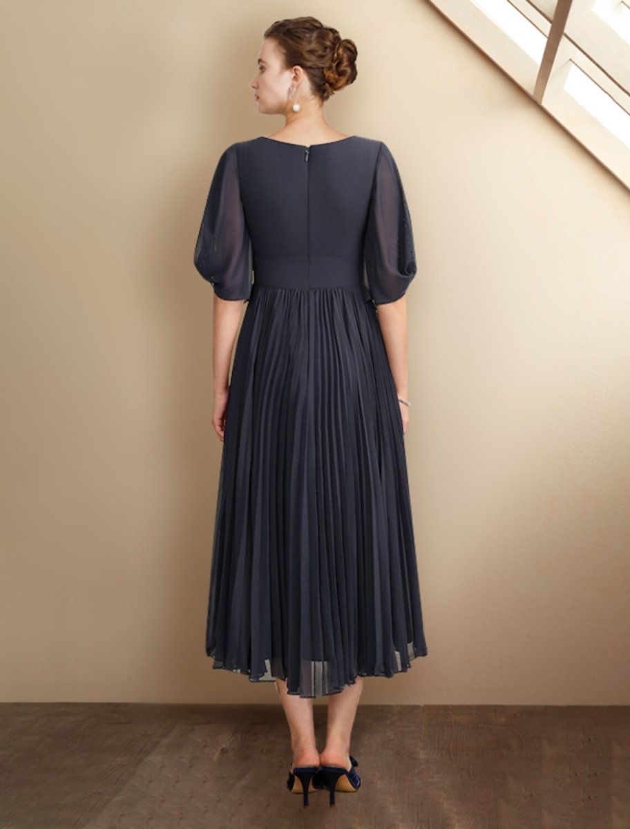 NumberSea - A - Line Mother of the Bride Dress Plus Size Elegant V Neck Tea Length Chiffon Half Sleeve with Pleats