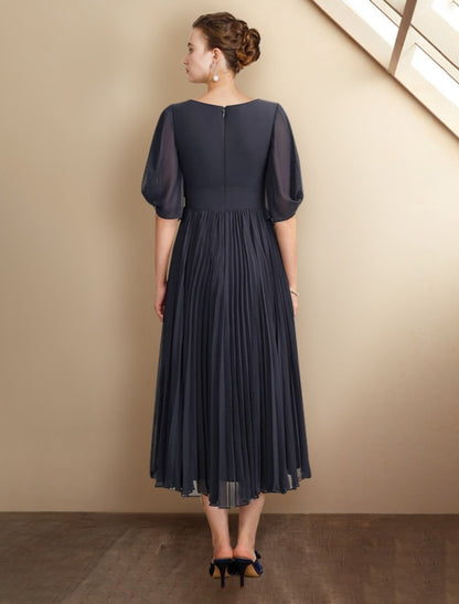 NumberSea - A - Line Mother of the Bride Dress Plus Size Elegant V Neck Tea Length Chiffon Half Sleeve with Pleats