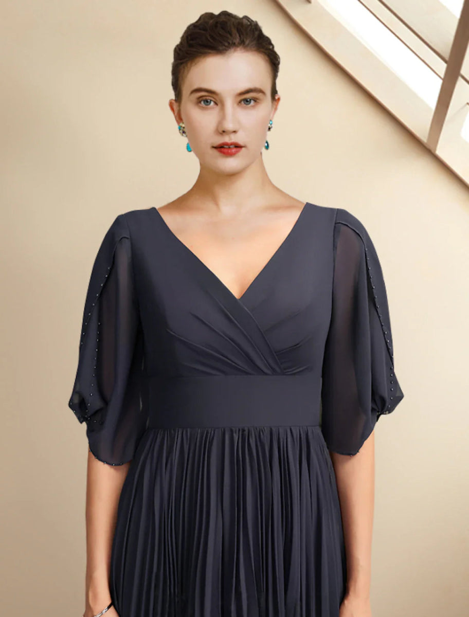 NumberSea - A - Line Mother of the Bride Dress Plus Size Elegant V Neck Tea Length Chiffon Half Sleeve with Pleats