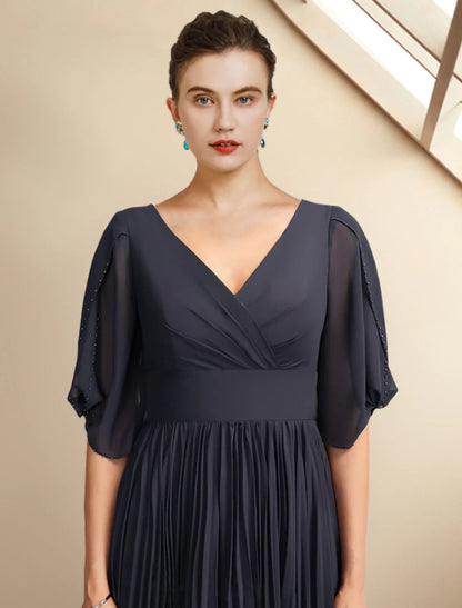 NumberSea - A - Line Mother of the Bride Dress Plus Size Elegant V Neck Tea Length Chiffon Half Sleeve with Pleats