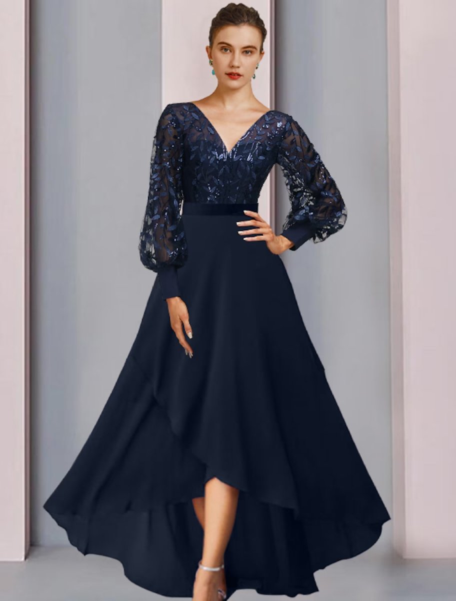 NumberSea - A - Line Mother of the Bride Dress Sparkle & Shine High Low Jewel Neck Asymmetrical Tea Length Chiffon Lace Sequined Long Sleeve with Sequin Appliques