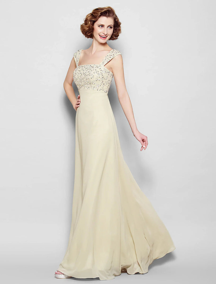 NumberSea - A - Line Mother of the Bride Dress Sparkle & Shine Straps Floor Length Chiffon Sleeveless No with Beading