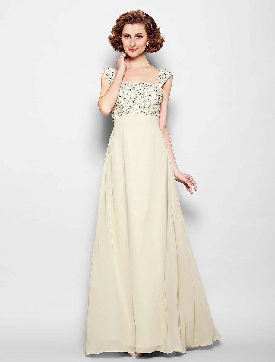 NumberSea - A - Line Mother of the Bride Dress Sparkle & Shine Straps Floor Length Chiffon Sleeveless No with Beading