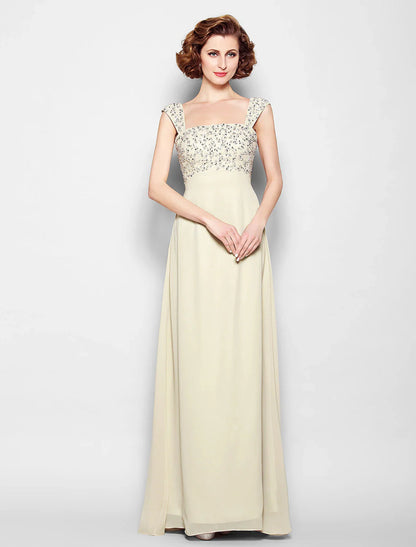 NumberSea - A - Line Mother of the Bride Dress Sparkle & Shine Straps Floor Length Chiffon Sleeveless No with Beading