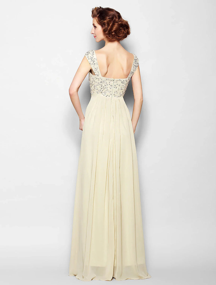 NumberSea - A - Line Mother of the Bride Dress Sparkle & Shine Straps Floor Length Chiffon Sleeveless No with Beading