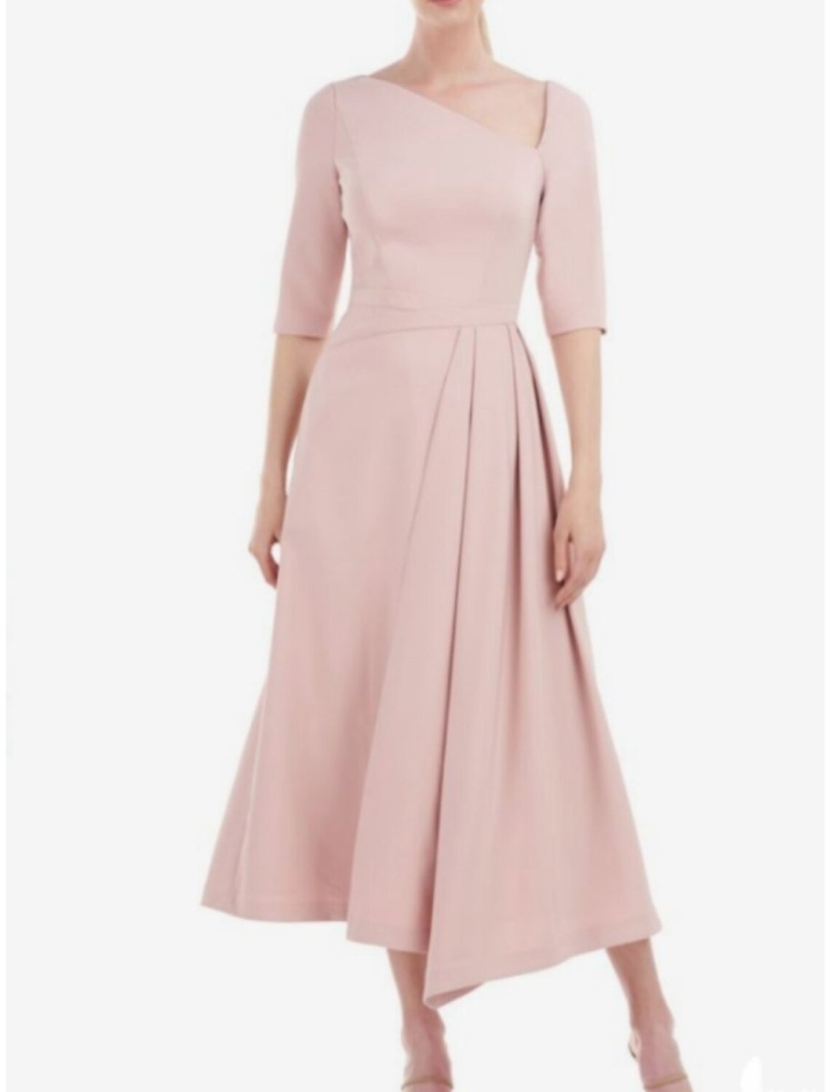 NumberSea - A - Line Mother of the Bride Dress Wedding Guest Church Elegant Petite Sweet Bateau Neck Tea Length Stretch Chiffon Half Sleeve with Pleats Fall