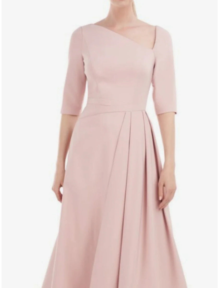 NumberSea - A - Line Mother of the Bride Dress Wedding Guest Church Elegant Petite Sweet Bateau Neck Tea Length Stretch Chiffon Half Sleeve with Pleats Fall