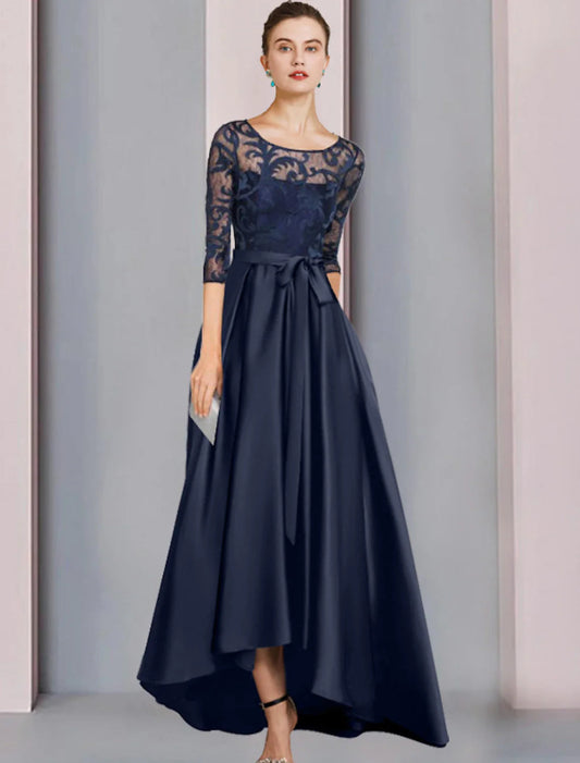 NumberSea - A - Line Mother of the Bride Dress Wedding Guest Elegant High Low Scoop Neck Asymmetrical Floor Length Satin Lace Half Sleeve with Bow(s) Pleats Appliques