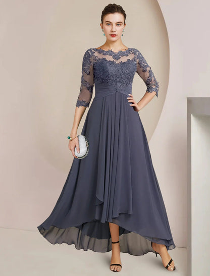 NumberSea - A - Line Mother of the Bride Dress Wedding Guest Elegant High Low Scoop Neck Asymmetrical Tea Length Chiffon Lace 3/4 Length Sleeve with Pleats Appliques