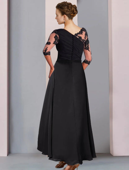 NumberSea - A - Line Mother of the Bride Dress Wedding Guest Elegant High Low Scoop Neck Asymmetrical Tea Length Chiffon Lace Half Sleeve with Appliques Side - Draped