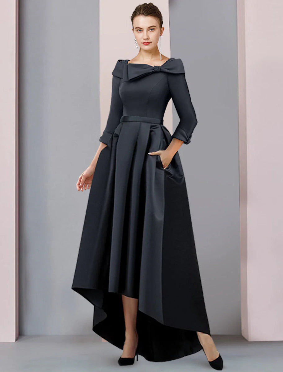 NumberSea - A - Line Mother of the Bride Dress Wedding Guest Elegant High Low Scoop Neck Asymmetrical Tea Length Satin 3/4 Length Sleeve with Bow(s) Pleats