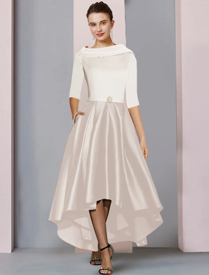 NumberSea - A - Line Mother of the Bride Dress Wedding Guest Elegant High Low Scoop Neck Asymmetrical Tea Length Satin Half Sleeve with Pleats Color Block