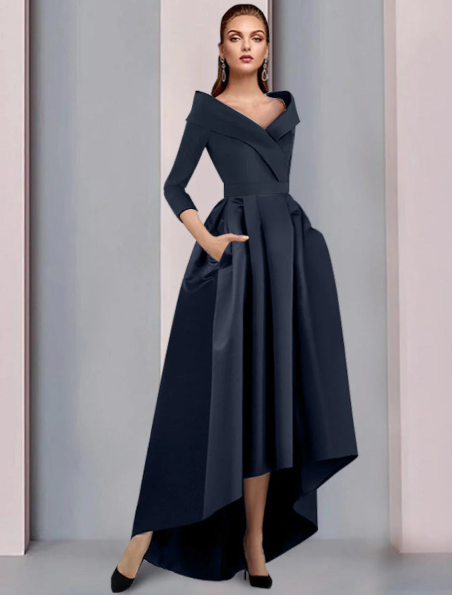 NumberSea - A - Line Mother of the Bride Dress Wedding Guest Elegant High Low Sweet Spaghetti Strap Asymmetrical Tea Length Satin 3/4 Length Sleeve with Pleats Fall