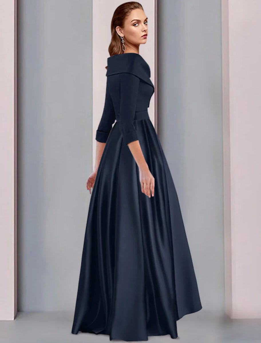 NumberSea - A - Line Mother of the Bride Dress Wedding Guest Elegant High Low Sweet Spaghetti Strap Asymmetrical Tea Length Satin 3/4 Length Sleeve with Pleats Fall