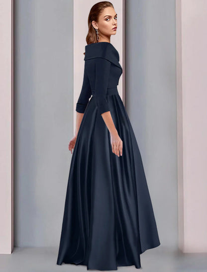 NumberSea - A - Line Mother of the Bride Dress Wedding Guest Elegant High Low Sweet Spaghetti Strap Asymmetrical Tea Length Satin 3/4 Length Sleeve with Pleats Fall