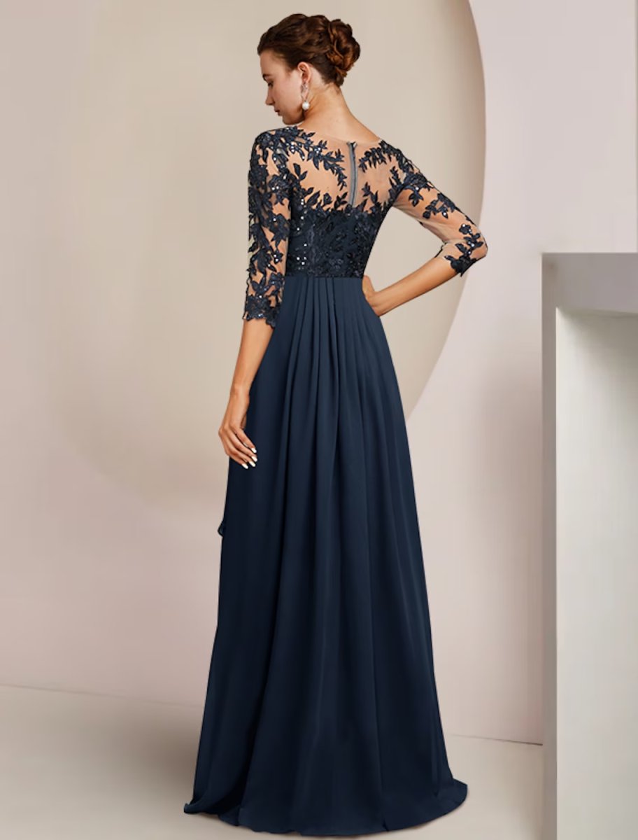 NumberSea - A - Line Mother of the Bride Dress Wedding Guest Elegant High Low V Neck Ankle Length Chiffon Lace 3/4 Length Sleeve with Sequin Appliques