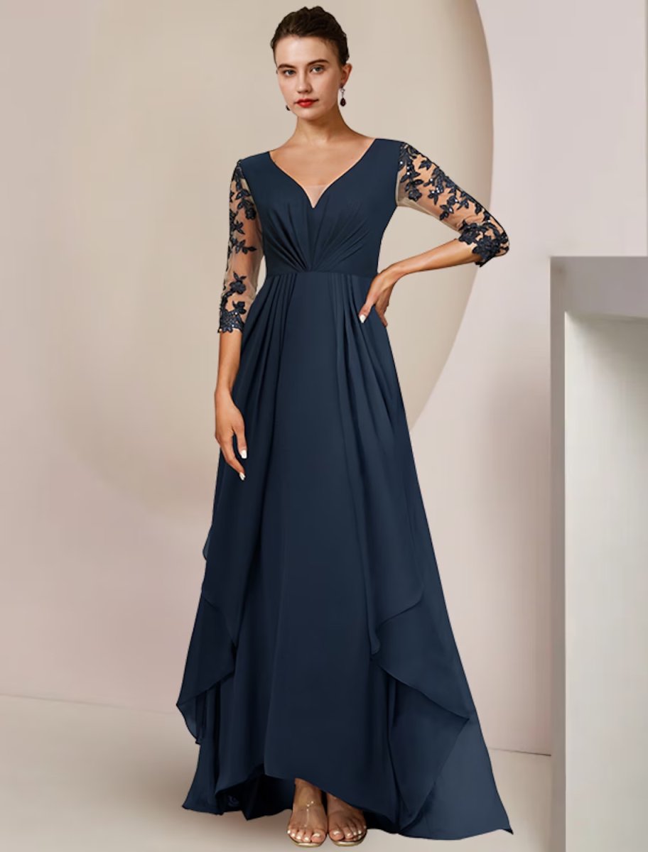 NumberSea - A - Line Mother of the Bride Dress Wedding Guest Elegant High Low V Neck Ankle Length Chiffon Lace 3/4 Length Sleeve with Sequin Appliques