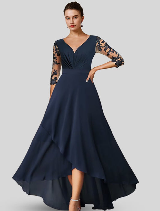 NumberSea - A - Line Mother of the Bride Dress Wedding Guest Elegant High Low V Neck Asymmetrical Tea Length Chiffon Lace 3/4 Length Sleeve with Appliques