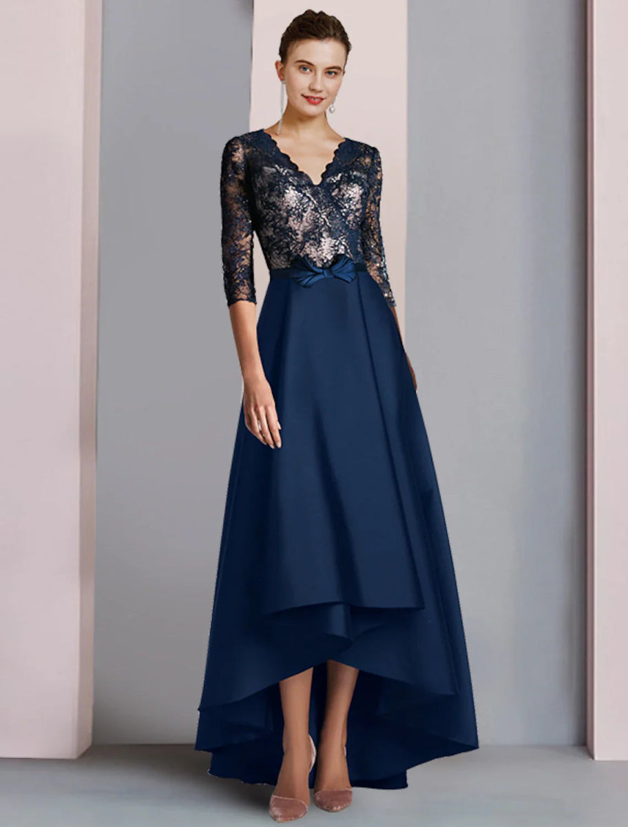 NumberSea - A - Line Mother of the Bride Dress Wedding Guest Elegant High Low V Neck Asymmetrical Tea Length Satin Lace Half Sleeve with Bow(s) Color Block