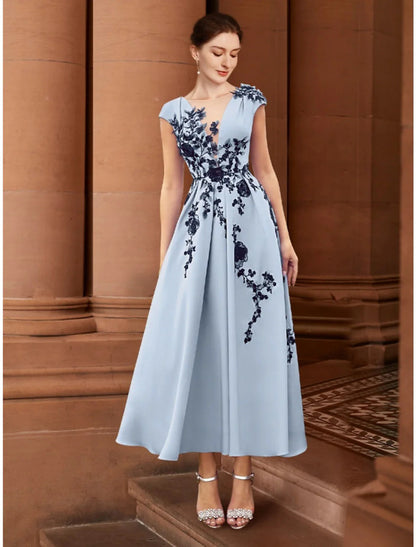 NumberSea - A - Line Mother of the Bride Dress Wedding Guest Elegant Illusion Neck Ankle Length Stretch Chiffon Cap Sleeve with Appliques Ruching