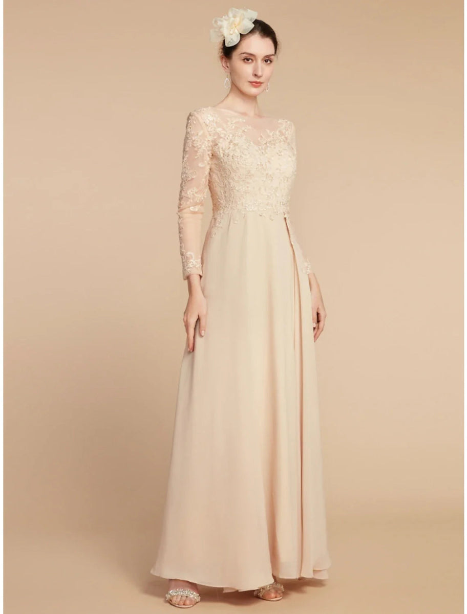 NumberSea - A - Line Mother of the Bride Dress Wedding Guest Elegant Jewel Neck Ankle Length Chiffon Lace Long Sleeve with Ruching Solid Color