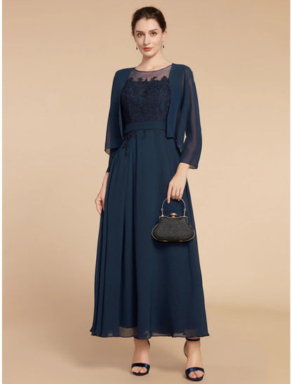 NumberSea - A - Line Mother of the Bride Dress Wedding Guest Elegant Jewel Neck Ankle Length Chiffon Lace Long Sleeve with Ruching Solid Color