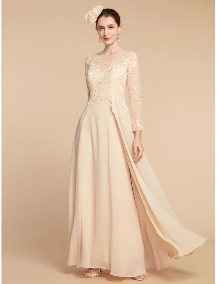 NumberSea - A - Line Mother of the Bride Dress Wedding Guest Elegant Jewel Neck Ankle Length Chiffon Lace Long Sleeve with Ruching Solid Color