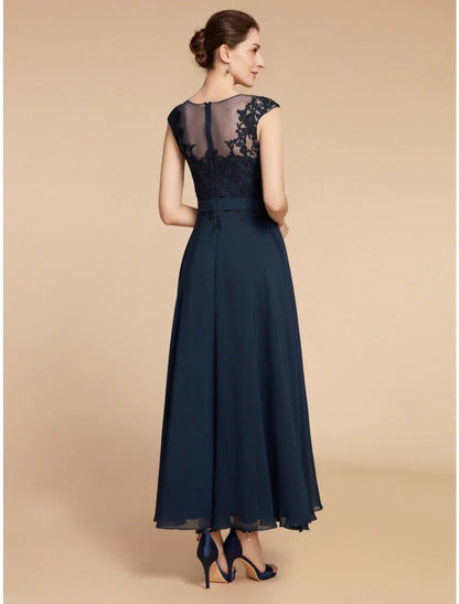 NumberSea - A - Line Mother of the Bride Dress Wedding Guest Elegant Jewel Neck Ankle Length Chiffon Lace Long Sleeve with Ruching Solid Color