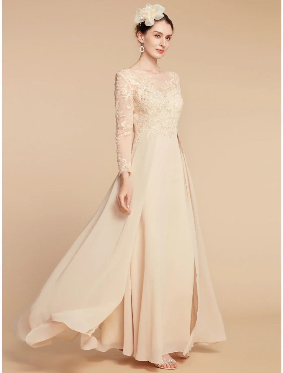 NumberSea - A - Line Mother of the Bride Dress Wedding Guest Elegant Jewel Neck Ankle Length Chiffon Lace Long Sleeve with Ruching Solid Color