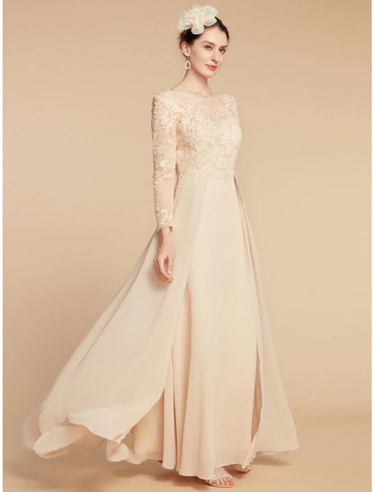 NumberSea - A - Line Mother of the Bride Dress Wedding Guest Elegant Jewel Neck Ankle Length Chiffon Lace Long Sleeve with Ruching Solid Color